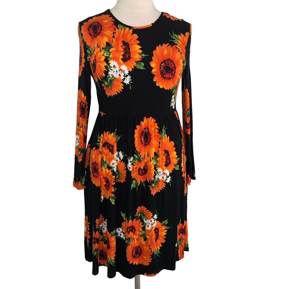 Women's Black Midi Dress with Orange Sunflower Print